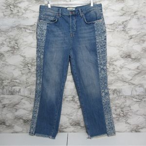 Free People We the Free Boyfriend Denim Jeans Aztec Side Panel Print Size 29